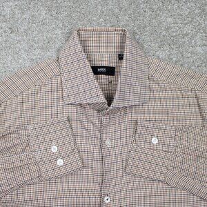 BOSS Hugo Boss Miles US Dress Shirt Mens 15, 32/33 Brown/White Cotton L/S Button